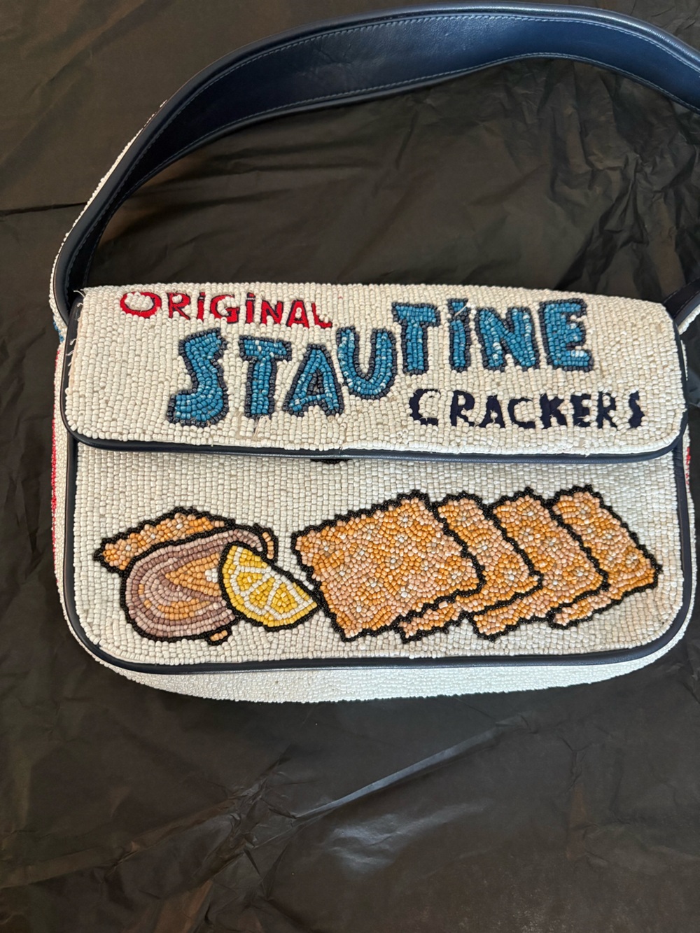 STAUD Tommy Beaded 'Stautine Crackers' Shoulder Bag - Blue/White/Tan - Picture 2 of 6